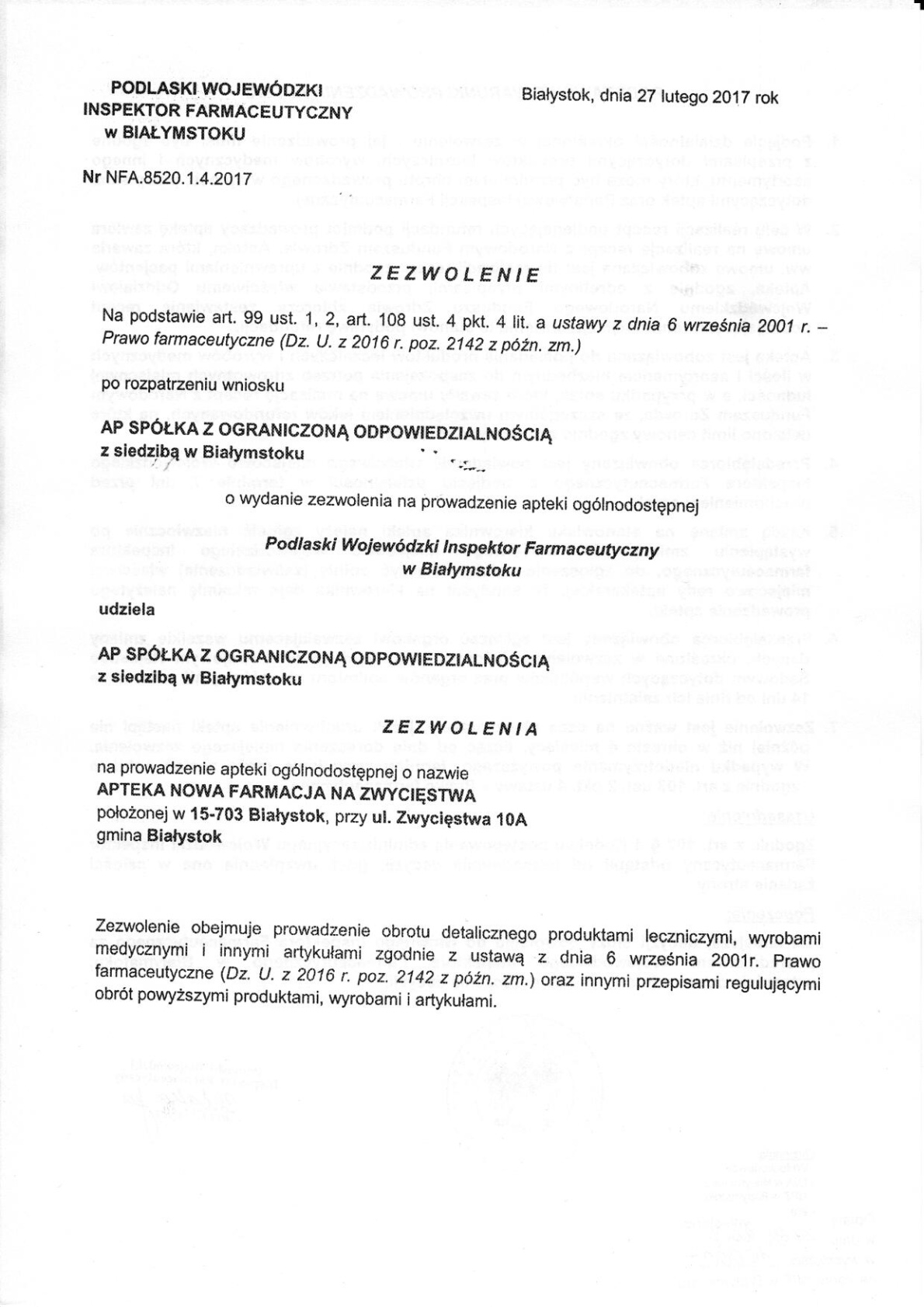 Zezwolenie na prowadzenie apteki - 1