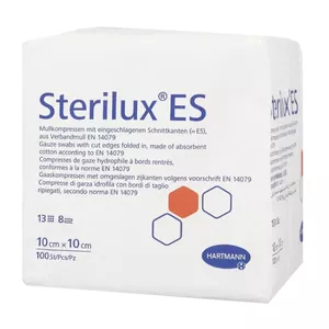 Sterilux ES - kompresy niejałowe z gazy, 13-nitkowe, 8-warstwowe, 10 cm x 10 cm, 100 sztuk