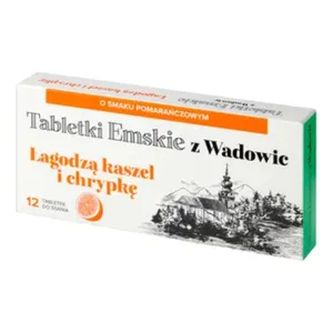Tabletki Emskie z Wadowic, łagodzą kaszel i chrypkę, smak pomarańczowy, 12 tabletek