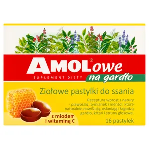 AMOLowe na gardło, ziołowe pastylki do ssania z miodem i witaminą C, 16 pastylek