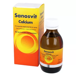 Sanosvit Calcium 114 mg / 5 mg, syrop, smak bananowy, 150 ml