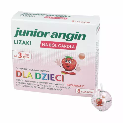 junior-angin LIZAKI - na ból gardła od 3 roku życia, smak truskawkowy, 8 sztuk
