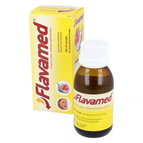 Flavamed 15 mg/ 5 ml, syrop, smak malinowy, 100 ml