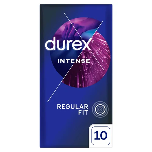 Durex Intense - prążkowane prezerwatywy lateksowe ze stymulującym żelem, 10 sztuk