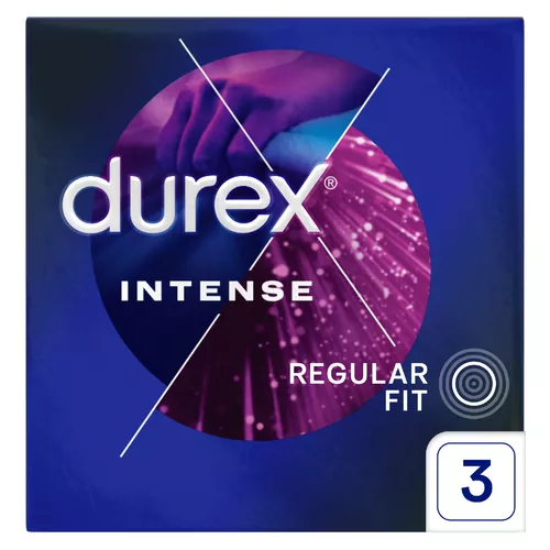 Durex Intense - prezerwatywy prążkowane ze stymulującym żelem, 3 sztuki