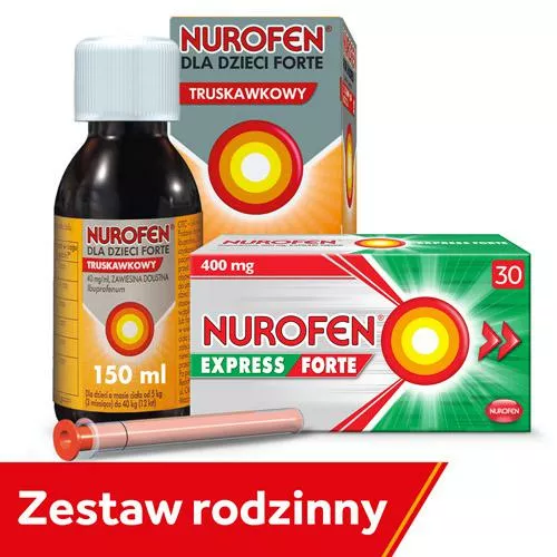 ZESTAW Rodzinny: Nurofen dla dzieci Forte 40 mg/5 ml, smak truskawkowy, zawiesina 150 ml + Nurofen Express Forte 400 mg, 30 kapsułek miękkich