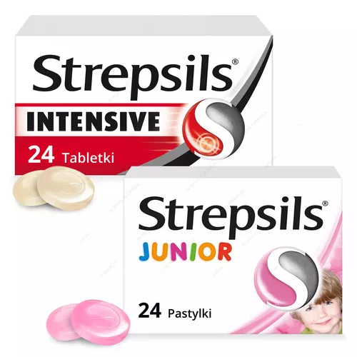 ZESTAW Rodzinny: Strepsils Intensive 8,75 mg, 24 tabletki do ssania + Strepsils Junior 1,2 mg + 0,6 mg, smak truskawkowy, bez cukru, 24 tabletki do ssania