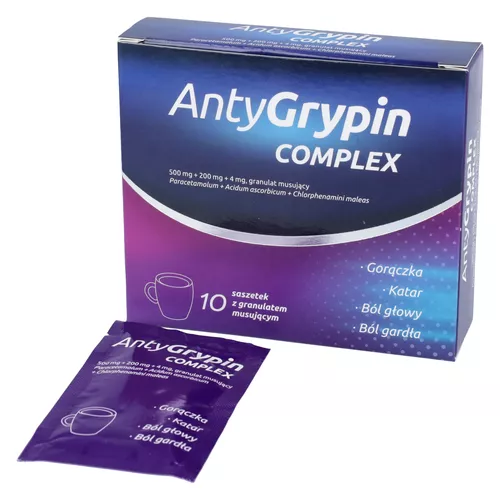 AntyGrypin Complex (500 mg + 200 mg + 4 mg), granulat musujący, 10 saszetek