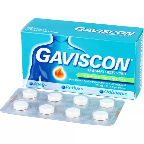 Gaviscon 250 mg + 133,5 mg + 80 mg, smak miętowy, 48 tabletek do rozgryzania