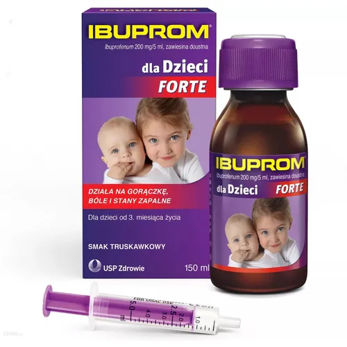 Ibuprom dla Dzieci Forte 200 mg/5 ml, zawiesina doustna, smak truskawkowy, 150 ml