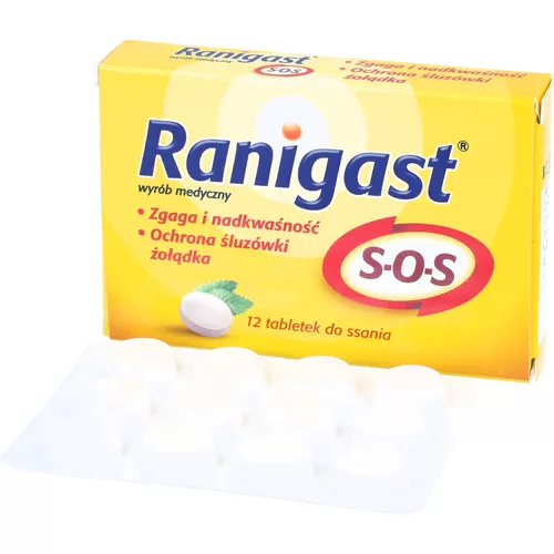 Ranigast S-O-S - zgaga, nadkwaśność, ochrona śluzówki żołądka, tabletki do ssania, 12 sztuk