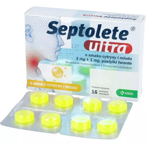 Septolete Ultra 3 mg + 1 mg, o smaku cytryny i miodu, 16 pastylek twardych