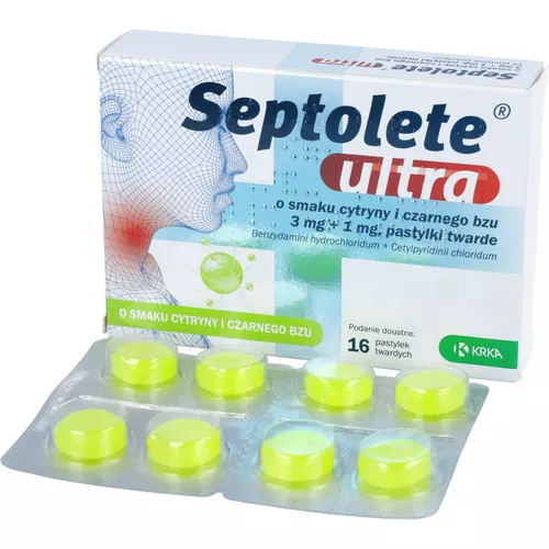 Septolete Ultra 3 mg + 1 mg, smak cytryny i czarnego bzu, 16 pastylek twardych