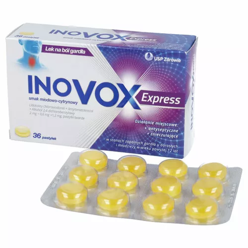 Inovox Express 2 mg + 0,6 mg + 1,2 mg, smak miodowo-cytrynowy, 36 pastylek