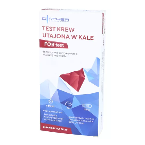 DIATHER - domowy kasetkowy test krew utajona w kale, test do wykrywania krwi utajonej w kale, FOB test, 1 sztuka