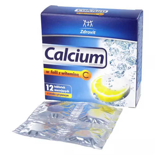 Zdrovit Calcium w folii z witaminą C, smak cytrynowy, 12 tabletek musujących