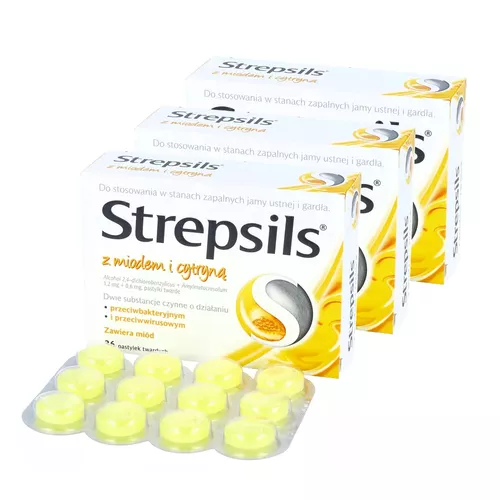 ZESTAW: 3 x Strepsils z miodem i cytryną 1,2 mg + 0,6 mg, 36 pastylek twardych