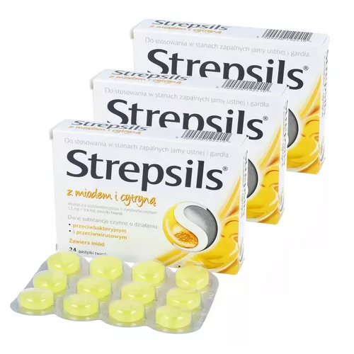 ZESTAW: 3 x Strepsils z miodem i cytryną 1,2 mg + 0,6 mg, 24 pastylki