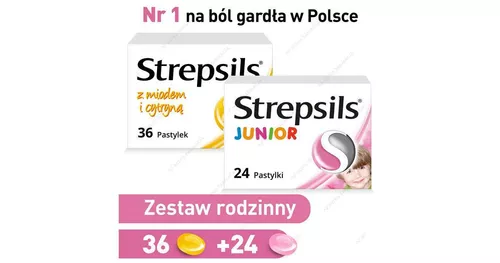 ZESTAW Rodzinny: Strepsils z miodem i cytryną 1,2 mg + 0,6 mg, 36 tabletek do ssania + Strepsils Junior 1,2 mg + 0,6 mg, smak truskawkowy, bez cukru, 24 tabletek do ssania