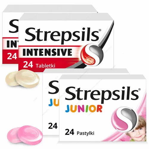 ZESTAW Rodzinny: Strepsils Intensive 8,75 mg, 48 tabletek do ssania + Strepsils Junior 1,2 mg + 0,6 mg, smak truskawkowy, bez cukru, 48 tabletek do ssania