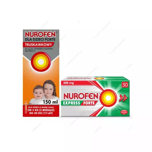 ZESTAW Rodzinny: Nurofen dla dzieci Forte 40 mg/5 ml, smak truskawkowy, zawiesina, 150 ml + Nurofen Express Forte 400 mg, 30 kapsułek miękkich