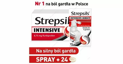 ZESTAW: Strepsils Intensive 8,75 mg, 24 tabletki do ssania + Strepsils Intensive Direct 8,75 mg, aerozol, 15 ml