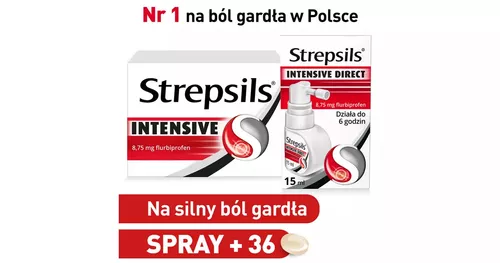 ZESTAW: Strepsils Intensive 8,75 mg, 36 tabletek do ssania + Strepsils Intensive Direct 8,75 mg, aerozol, 15 ml