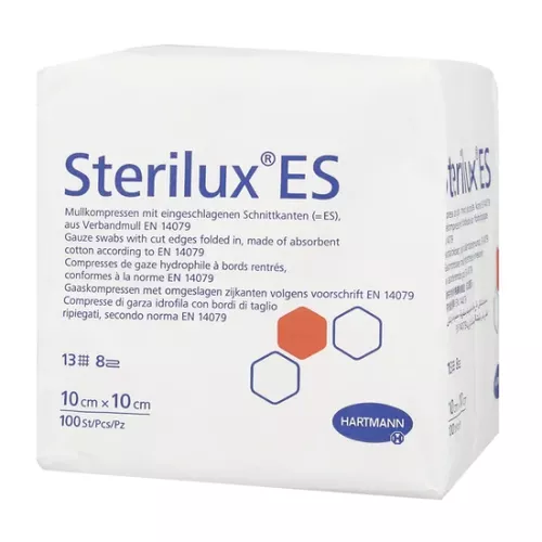 Sterilux ES - kompresy niejałowe z gazy, 13-nitkowe, 8-warstwowe, 10 cm x 10 cm, 100 sztuk