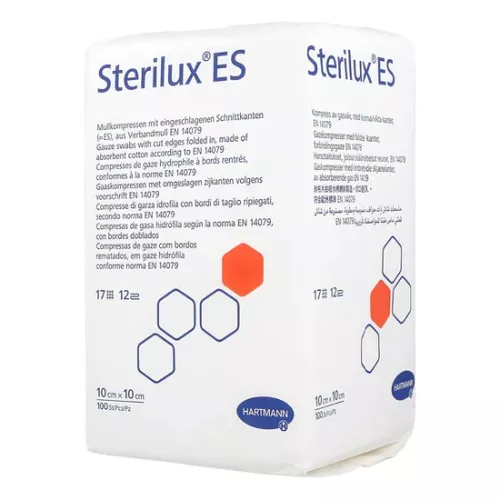Sterilux ES - kompresy niejałowe z gazy, 17-nitkowe, 12-warstwowe, 10 cm x 10 cm, 100 sztuk
