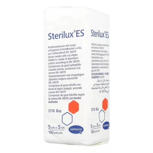 Sterilux ES - kompresy niejałowe z gazy, 17-nitkowe, 8-warstwowe, 5 cm x 5 cm, 100 sztuk