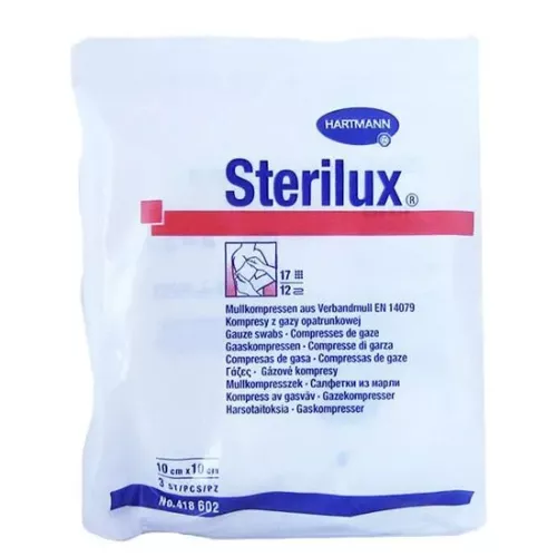 Sterilux - kompresy jałowe z gazy, 17-nitkowe, 12-warstwowe, 10 cm x 10 cm, 3 sztuki