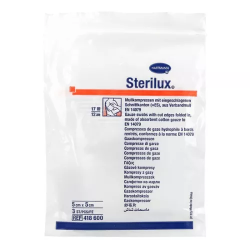 Sterilux - kompresy jałowe z gazy, 17-nitkowe, 12-warstwowe, 5 cm x 5 cm, 3 sztuki