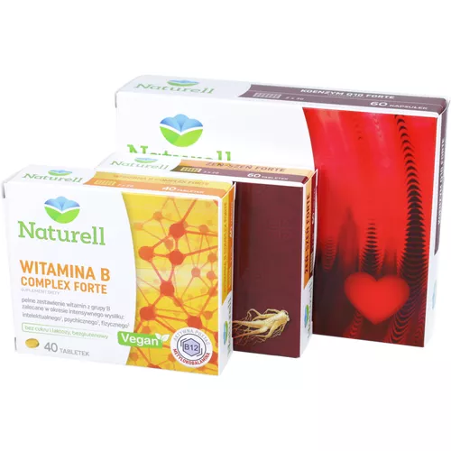 Naturell Zestaw Wsparcie Energii: Witamina B Complex Forte, 40 tabletek + Żeń-szeń Forte, 60 tabletek + Koenzym Q10 Forte, 60 kapsułek