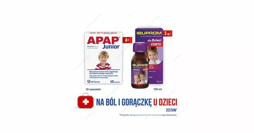 ZESTAW: Apap Junior 250 mg, 10 saszetek + Ibuprom dla Dzieci Forte 200 mg/5 ml, zawiesina doustna, smak truskawkowy, 150 ml
