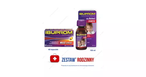 ZESTAW: Ibuprom Max Sprint 400 mg, 40 kapsułek miękkich + Ibuprom dla Dzieci Forte 200 mg/5 ml, zawiesina doustna, smak truskawkowy, 150 ml