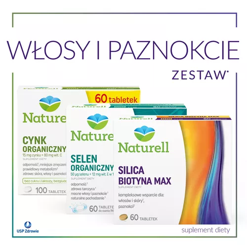 Naturell Zestaw Włosy i Paznokcie: Cynk organiczny + C, 100 tabletek + Selen organiczny + E, 60 tabletek do ssania, + Silica Biotyna Max, 60 tabletek