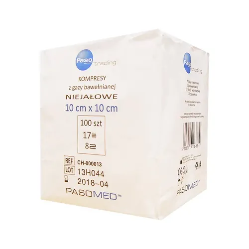PASOMED, kompresy niejałowe, 17-nitkowe, 8-wartwowe (10 cmx10 cm), 100 sztuk