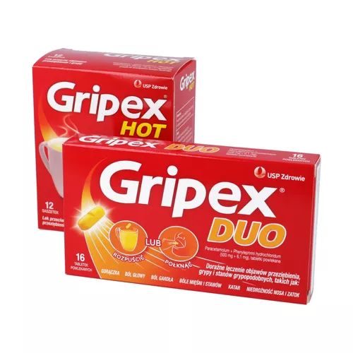 ZESTAW: Gripex Hot - łagodzi objawy przeziębienia i grypy, 12 saszetek + Gripex Duo - lek przeciwgorączkowy i przeciwzapalny, 16 tabletek
