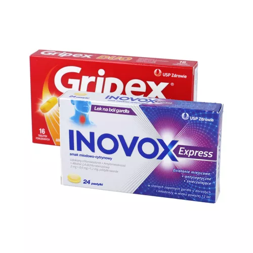 ZESTAW: Inovox Express 2 mg + 0,6 mg + 1,2 mg, smak miodowo-cytrynowy, 24 pastylki + Gripex Duo 500 mg + 6,1 mg, 16 tabletek powlekanych