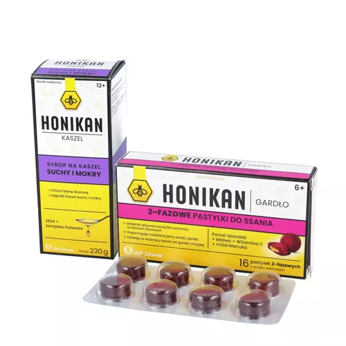 ZESTAW: Honikan - Kaszel, syrop na kaszel suchy i mokry, 230 g + Honikan - Gardło, 2-fazowe pastylki do ssania na ból gardła i chrypę, 16 pastylek