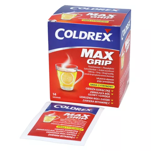 Coldrex MaxGrip 1000 mg + 10 mg + 40 mg, smak cytrynowy, 14 saszetek