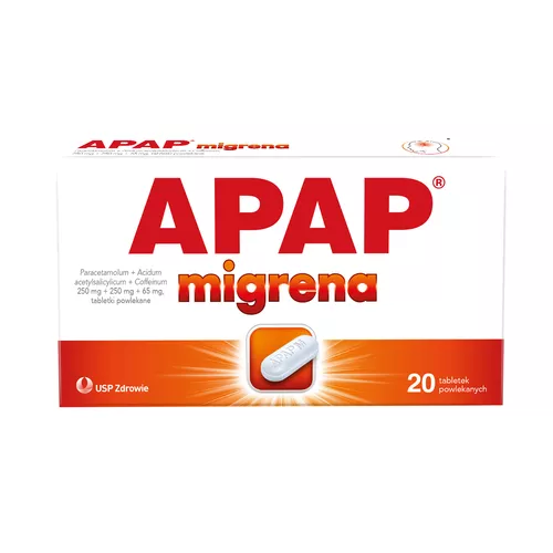 APAP Migrena 250 mg + 250 mg + 65 mg, 20 tabletek powlekanych