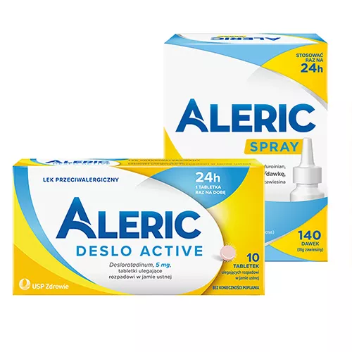 ZESTAW: Aleric Deslo Active 5 mg, 10 tabletek ulegających rozpadowi w jamie ustnej + Aleric Spray 50 mg, spray, 140 dawek