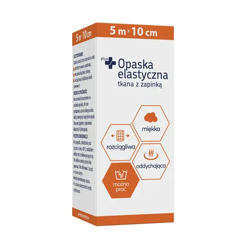 Zdrowe Korzyści - Plus+, opaska elastyczna tkana z zapinką, 5 m x 10 cm, 1 sztuka