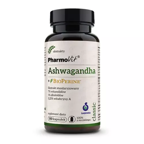 PharmoVit Ashwaganda + Bioperine, 180 kapsułek