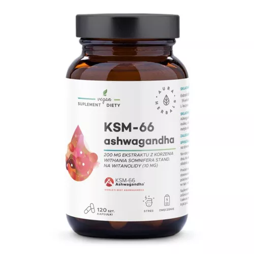 Aura Herbals - Ashwagandha KSM-66 200 mg, poprawia odporność organizmu na stres, 120 kapsułek