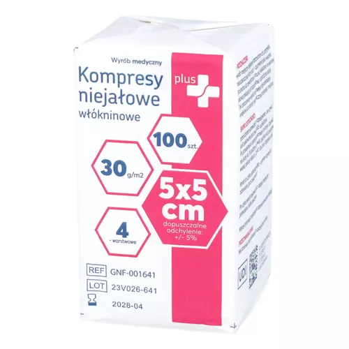 Zdrowe Korzyści - Plus+ kompresy niejałowe włókninowe, 5 cm x 5 cm, 100 sztuk