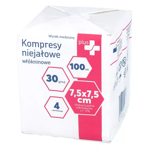 Zdrowe Korzyści - Plus+ kompresy niejałowe włókninowe, 7,5 cm x 7,5 cm, 100 sztuk