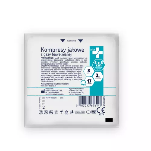 Zdrowe Korzyści - Plus+, kompres gazowy jałowy, 17-nitkowy, 5 x 5 cm, 3 sztuki