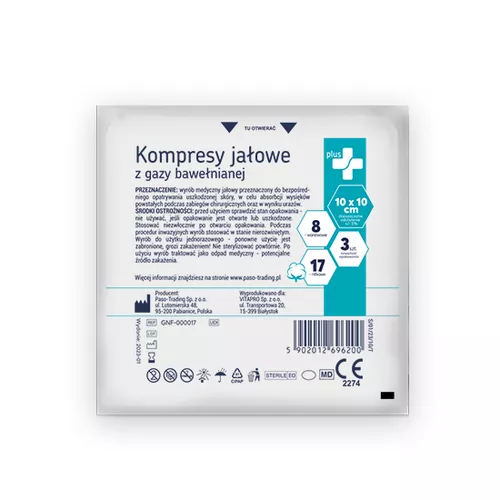 Zdrowe Korzyści - Plus+, kompres gazowy jałowy, 17-nitkowy, 10 x 10 cm, 3 sztuki